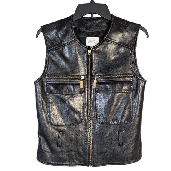 Vintage Vakko Black leather zip front pocket biker vest womens XS/S - Picture 2 of 7